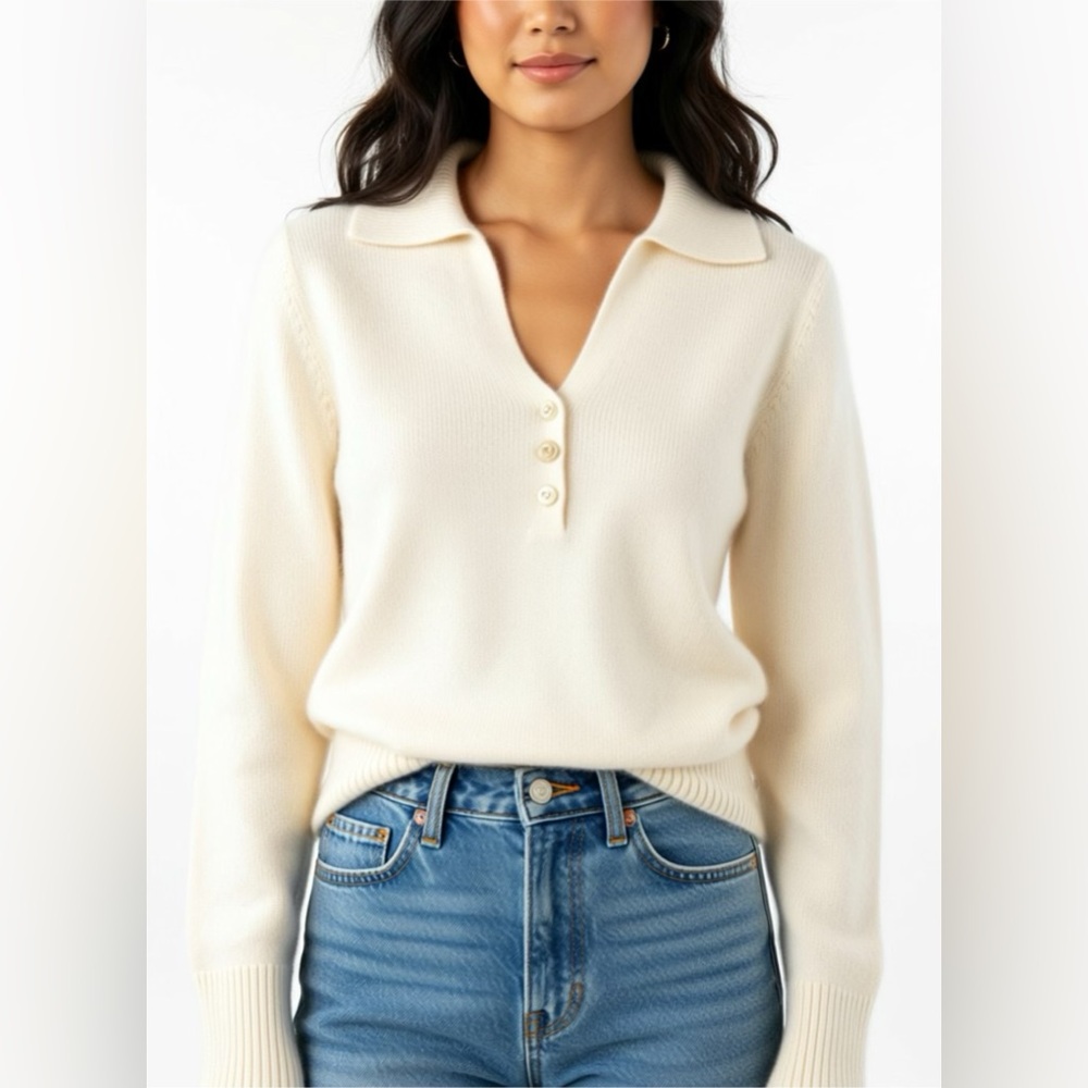 NAADAM Cashmere Buttoned V-Neck Sweater, Cream, XS - Picture 2 of 16